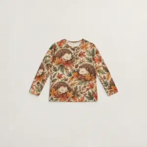 Sleepy Hedgehog Youth Long Sleeve Shirt with sleeping hedgehogs among autumn leaves in brown, rust and sage