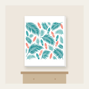 Palm Shadows and Tiny Surfboards Canvas Print in white: Palm-leaf shadows and tiny surfboards in teal and coral on cream.