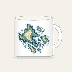 Topographic Coastline and Islands Map Mug in white: Topographic contours of a coastline and islands in navy, sea green and sand on cream.