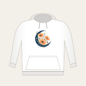 Crescent Moon and Apricot Poppies Hoodie in white: A deep blue crescent moon cradles three delicate apricot poppies on fine olive stems.