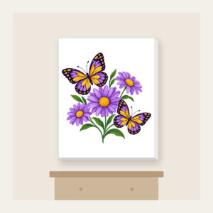 Two Butterflies and Three Daisies Canvas Print in white: Two butterflies hover near three daisies in purple and yellow.
