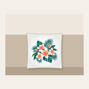 Plumeria and Palm Leaves on Deep Teal Pillow in white: White and coral plumeria blossoms and palm leaves glow against a deep teal base.