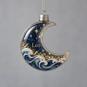 Crescent moon shaped shaker ornament with navy waves and glitter