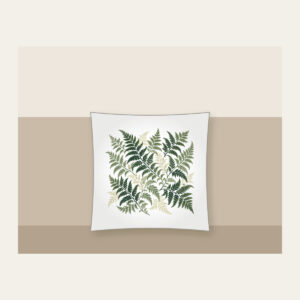 Fern Lattice Pillow in white: Fern fronds interlaced into a lattice in sage, forest green and cream.