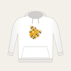 Honeycomb Grid with Bees and Clover Hoodie in white: A hexagonal honeycomb grid with three small bees and tiny clover blossoms in gold and brown.