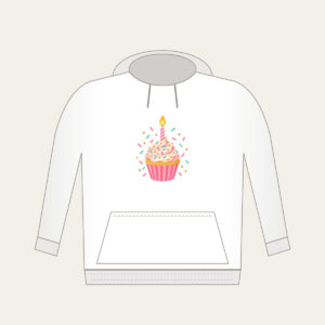 Candlelit Cupcake with Sprinkles Hoodie in white: A cupcake with a lit candle and scattered sprinkles in pink, mint and gold.
