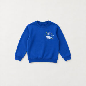 Whale Song Youth Sweatshirt with small chest print of a whale with a water spout and tiny stars in white and gold