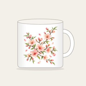 Peach Blossom Branches on Cream Mug in white: Peach blossoms and slender branches in peach, rose and pale green rest on a glossy cream ground.