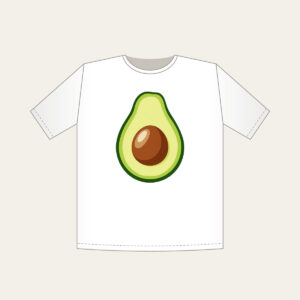 Halved Avocado Study T-Shirt in white: An avocado cut open in leaf green, with a warm brown pit and a pale cream highlight.