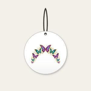 Butterflies Arching Along the Edge Ceramic Ornament in white: Violet, teal and gold butterflies arch along a curved edge.