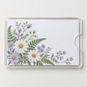 Pressed Posy Card Sleeve with sleeve face with a pressed posy of daisies and ferns in lilac, white and green printed on the front of the clear sleeve