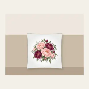 Blush and Plum Peony Clusters Pillow in white: Full peony clusters in blush, plum and sage drift across the artwork in an all-over pattern.