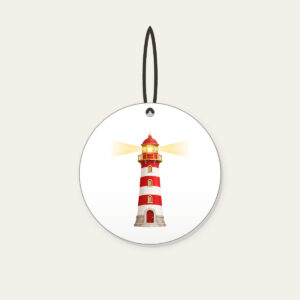 Striped Lighthouse Beam Ceramic Ornament in white: A red and white striped lighthouse sends out a gentle golden beam of light.