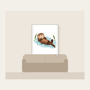 Floating Otter on Teal Ripples Fleece Blanket in white: A cocoa-brown otter floats on its back in teal ripple lines beside two reed leaves.