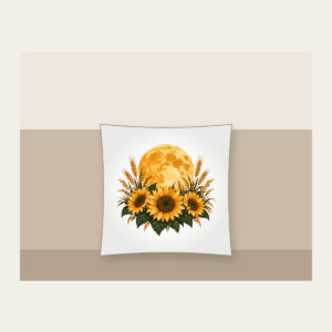 Harvest Moon over Sunflower Fields Pillow in white: A large harvest moon rises over sunflower and wheat silhouettes in amber, deep green and cream.
