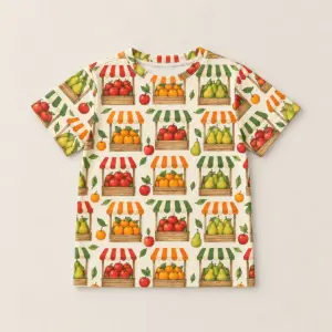 Fruit Stand Kids All-Over Tee with all-over repeat of crates of apples, oranges and pears with striped awnings in red, orange and green on cream, balanced scale for a child-size cut