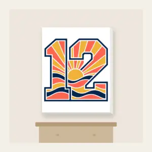 Sunrise Bands Number 12 Canvas Print in white: Sunrise bands in coral, gold and navy with the number “12” and no other text.
