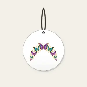 Butterflies Arching Along the Edge Ceramic Ornament in white: Violet, teal and gold butterflies arch along a curved edge.