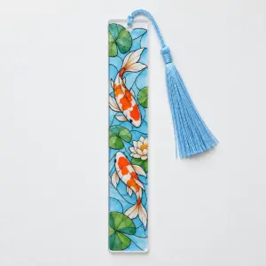 Koi Pond Suncatcher Bookmark with flat orange-and-white koi and green lily pads with dark stained-glass-style ink contours, light-blue tassel
