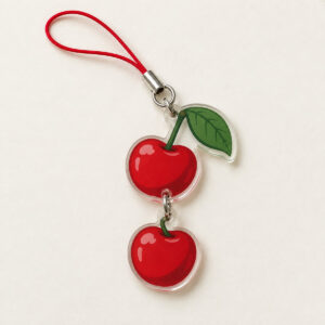 Cherry Pair Connected Phone Charm with charm shaped as two linked cherries with a green stem and leaf in red and green, Red colourway, 2-side printed