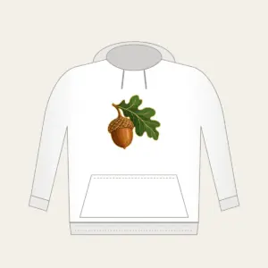 Gold-Outlined Acorn and Oak Leaf Hoodie in white: A single acorn with an oak leaf in warm brown and green with a thin gold outline.