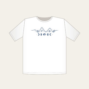 Tide Chart and Moon Phases T-Shirt in white: A navy line-art tide curve dotted with tiny shells, with five moon phases beneath.