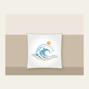Curling Wave and Little Sun Pillow in white: A curling wave in white, pale blue and sand with a small sun disc above.