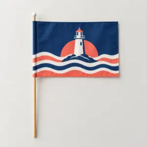 Little Lighthouse Hand Flag with flag face with a lighthouse over wave stripes in navy, white and coral, TWO SIDES version