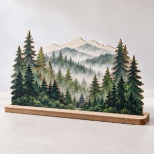 Layered Pine Forest Wood Stand with three stacked wood layers cut as a pine forest with printed misty hills in green and grey