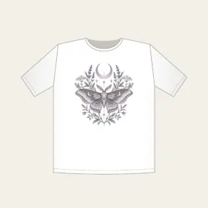 Moth and Crescent Moon with Herb Sprigs T-Shirt in white: A moth beneath a crescent moon with delicate herb sprigs in silver grey and pale lilac.