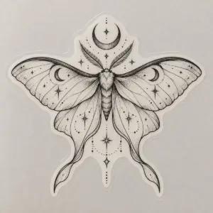 Midnight Moth Tattoo-Style Sticker with a moth with fine-line stars and a crescent moon in black ink