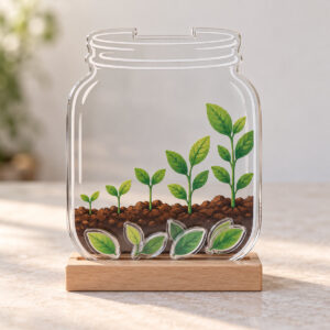 Growing Seedlings Reward Jar with a row of seedlings growing taller from left to right in green with brown soil, drawn on the label panel