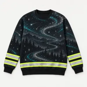Night Trail Reflective Sweatshirt with all-over night trail of stars and path lines in charcoal, silver and teal
