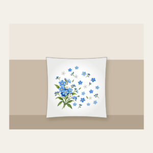 Forget-Me-Not Scatter Pillow in white: Small forget-me-not flowers in blue and white drift across the space, with a larger sprig in one corner.