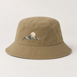 Mountain Moon Bucket Hat with small front print of a moon rising over three peaks in cream and slate