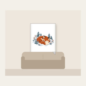 Sleeping Fox Among Snowy Pines Fleece Blanket in white: A fox curled asleep in a snowbank with tiny pines, in rust, cream and slate blue.