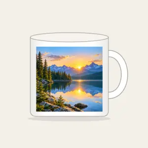 Quiet Lake at Sunrise with Pines Mug in white: A calm lake at sunrise with a pine shoreline, edged by a thin white border.