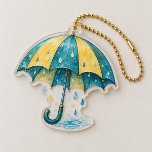 Rainy Day Umbrella Car Ornament with an open umbrella in teal and yellow with small raindrops and a tiny puddle ripple