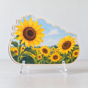 Sunflower Field Wood and Acrylic Sign with a field of sunflowers in yellow and brown under a pale blue sky