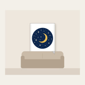Midnight Stars and Golden Crescent Moon Fleece Blanket in white: A midnight-blue field with small cream stars and a gold crescent moon.