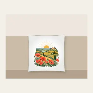 Terraced Hills at Sunrise with Poppies Pillow in white: Terraced hills under a rising sun with poppies in the foreground in coral, gold and green.