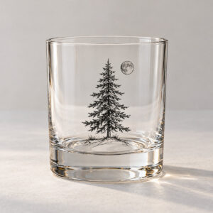 Pine Line Whiskey Glass with a single-tone printed pine tree line drawing with a small moon wrapped around the glass