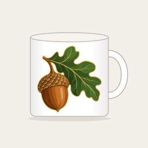 Gold-Outlined Acorn and Oak Leaf Mug in white: A single acorn with an oak leaf in warm brown and green with a thin gold outline.