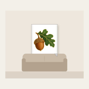 Gold-Outlined Acorn and Oak Leaf Fleece Blanket in white: A single acorn with an oak leaf in warm brown and green with a thin gold outline.