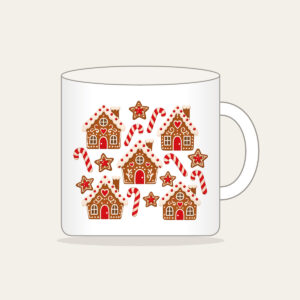 Gingerbread Houses and Candy Canes Mug in white: Little gingerbread houses, candy canes and stars dance across cream in brown and red.