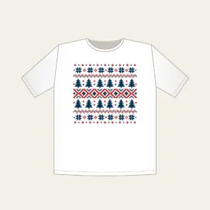 Fair-Isle Pines and Stars T-Shirt in white: Fair-isle bands of pines, stars and diamonds in cream, brick red and navy.