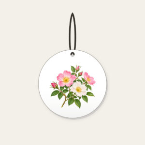 Wild Rose Branch Ceramic Ornament in white: A branch of wild roses with pink and white blossoms and fresh green leaves.