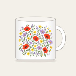 Wildflower Scatter on Sage Mug in white: Wildflowers in lavender, poppy red and butter yellow scatter over a sage ground.