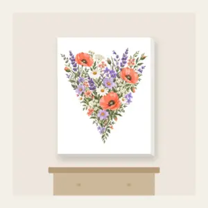 Wildflower Meadow in Coral and Lilac Canvas Print in white: A single tall wildflower meadow in coral, lilac, green and cream narrows to a point at the lower edge.