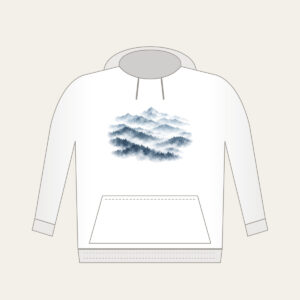 Misty Grey-Blue Ridgelines Hoodie in white: Grey-blue ridges layer into fog across the artwork.